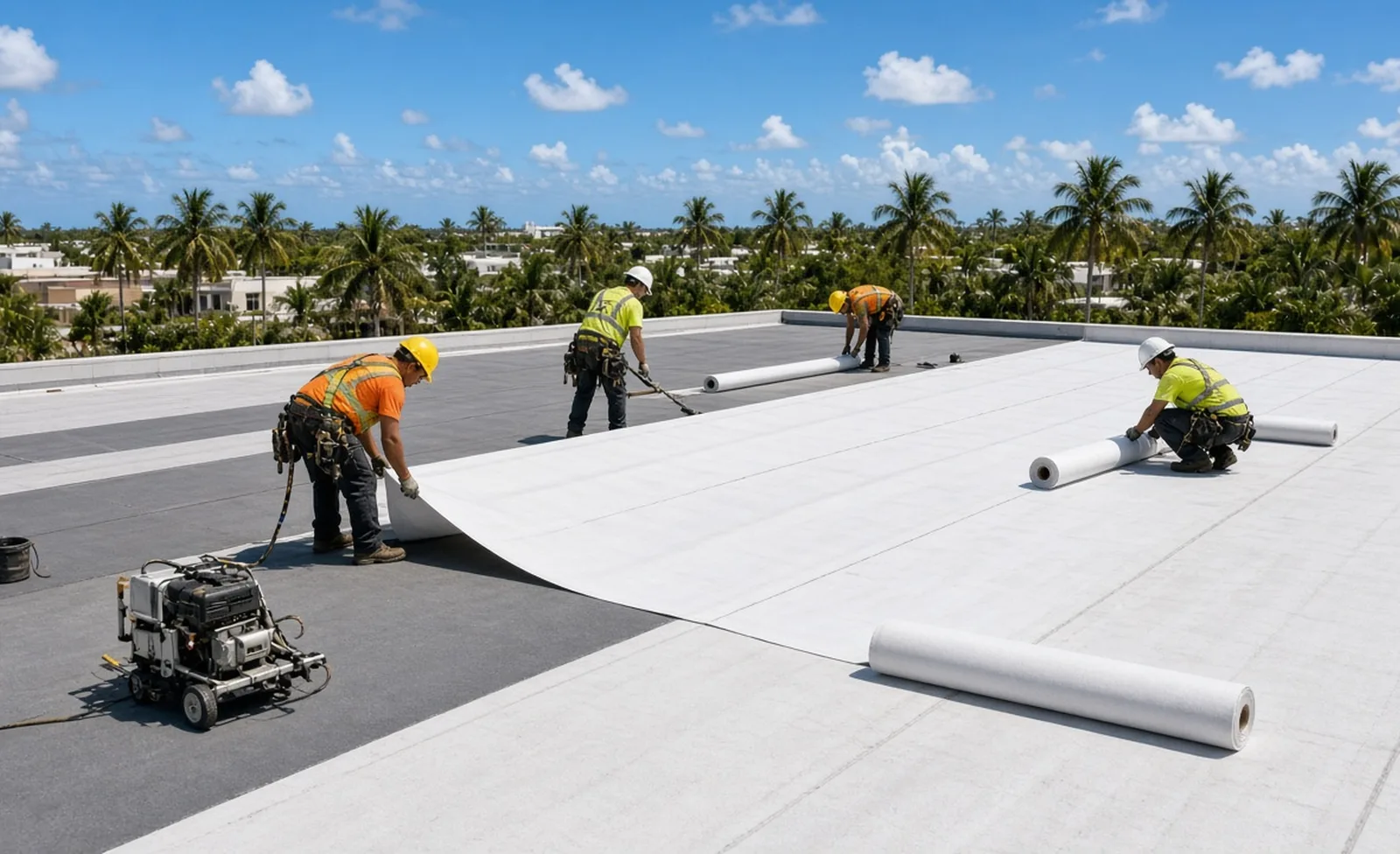 Roofing crew working on a low-slope commercial roof
