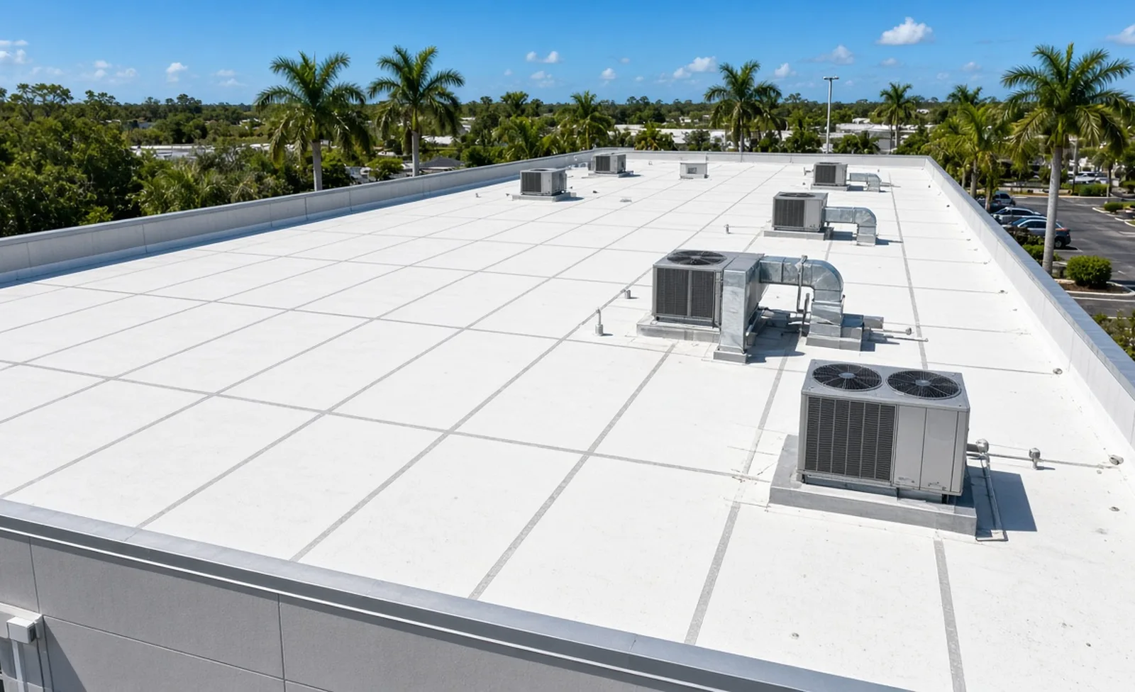 White TPO membrane roof on a flat commercial building