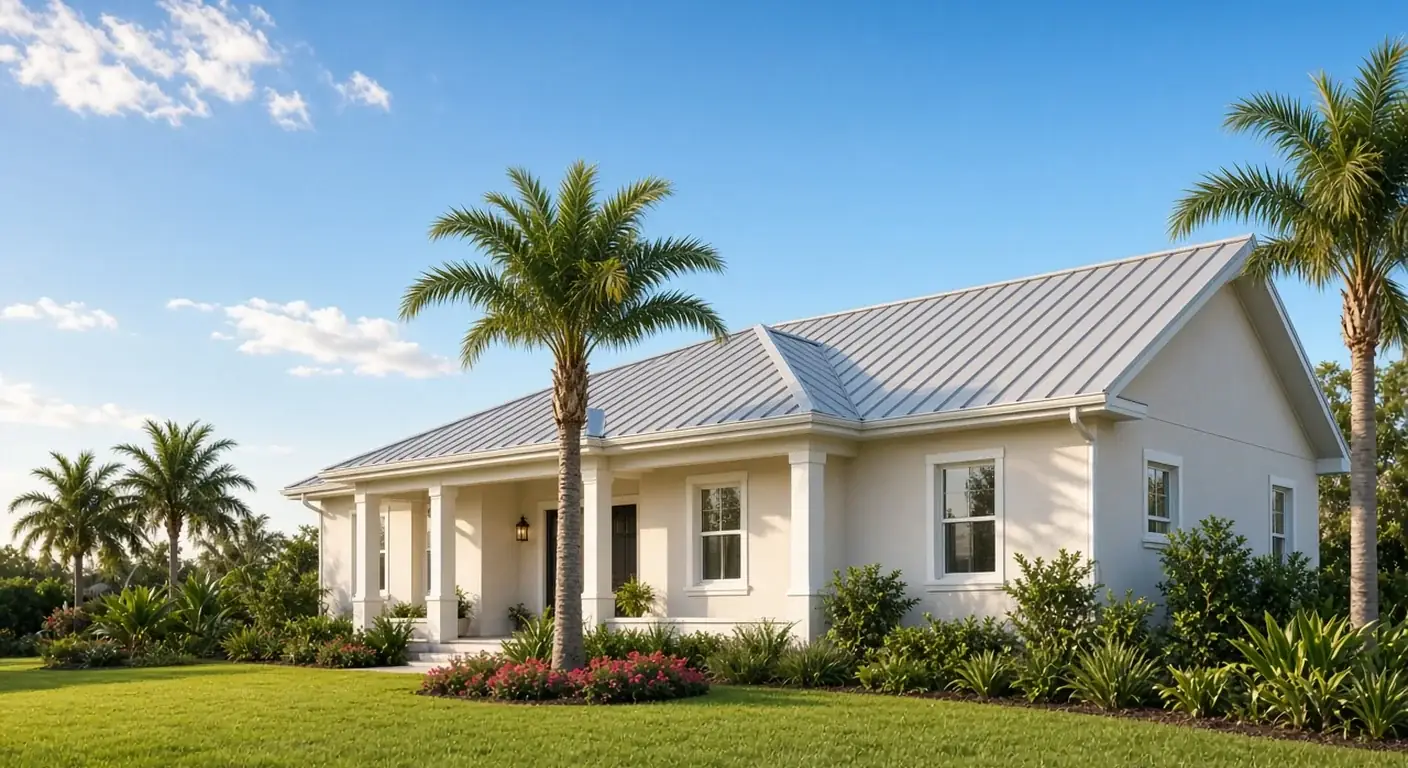 Standing seam metal roof on a Florida home with palms, Sarasota and Manatee County, FL