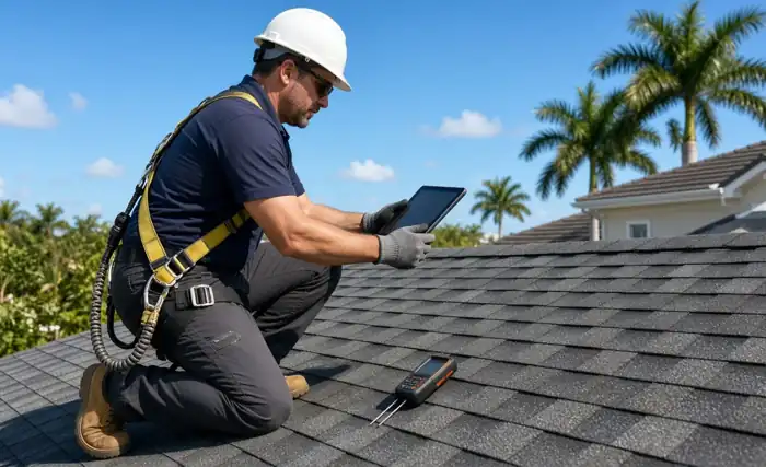 Roofing technician inspecting a residential roof