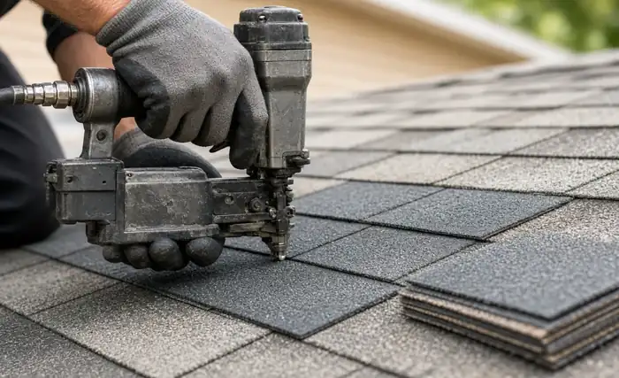 Close-up of asphalt shingle roof repair in progress