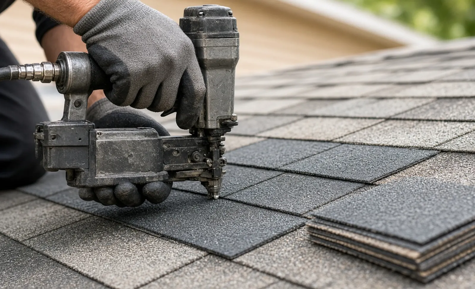 Close-up of asphalt shingle roof repair in progress